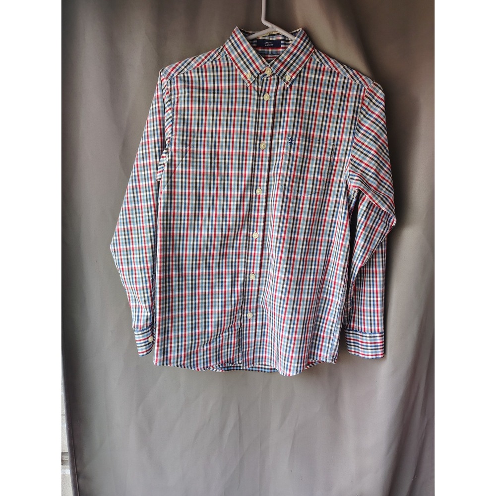 IZOD Boys Red White Blue Plaid Long Sleeve Stretch Button Down Shirt